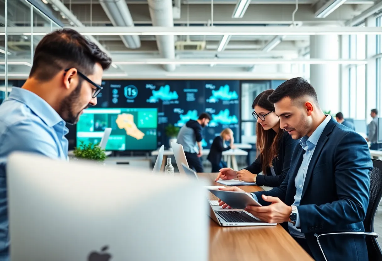 A modern office environment depicting professionals engaged in technology-focused recruitment activities.