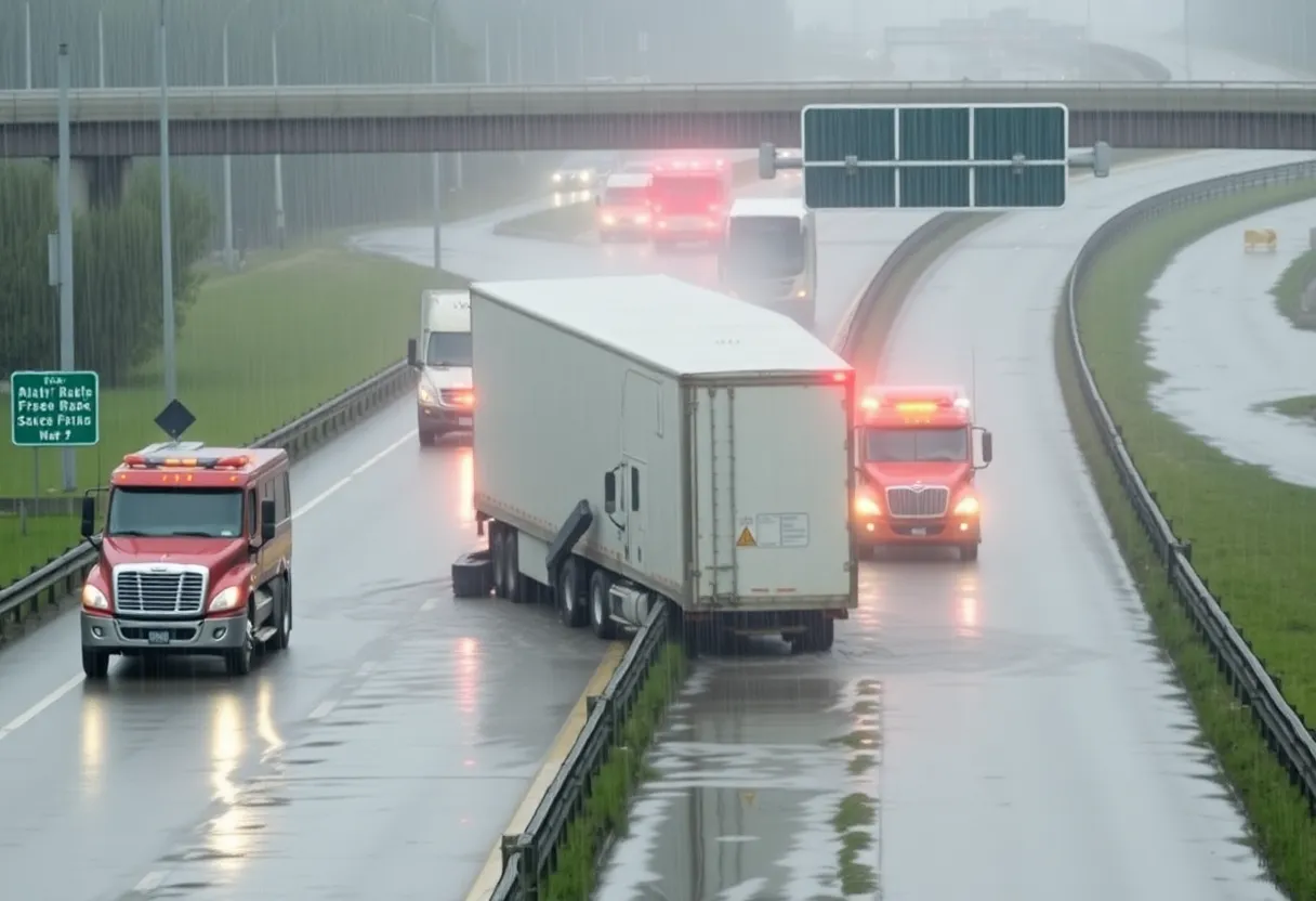 Scene of a big rig accident on I-15 with flooding