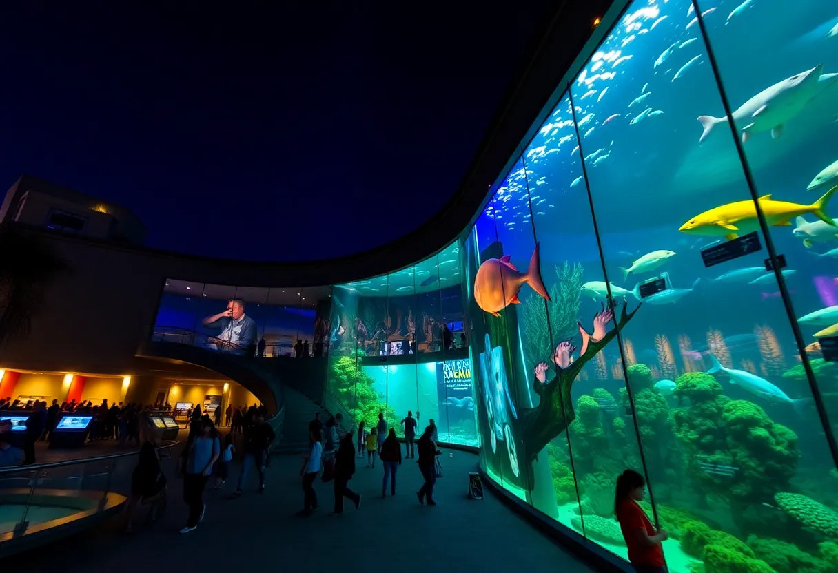 Visitors enjoying evening events at Birch Aquarium