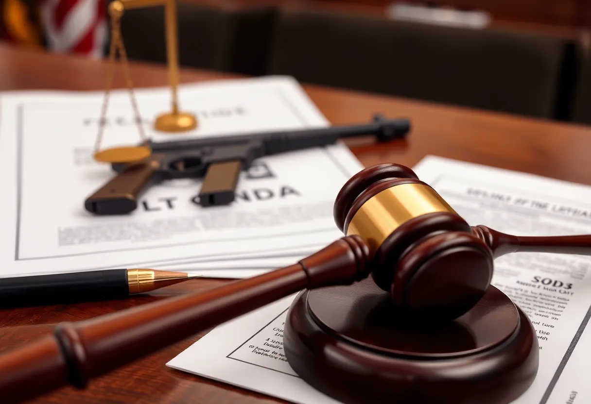 Courtroom scene with legal documents and gavel