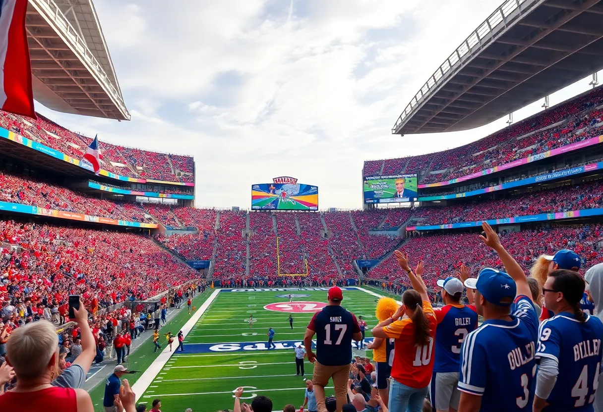 Fans cheering at a college football bowl game in San Diego