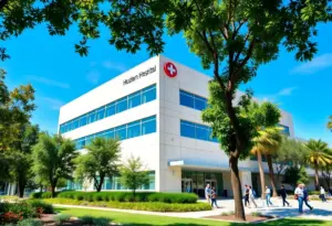 Modern California hospital with greenery and people