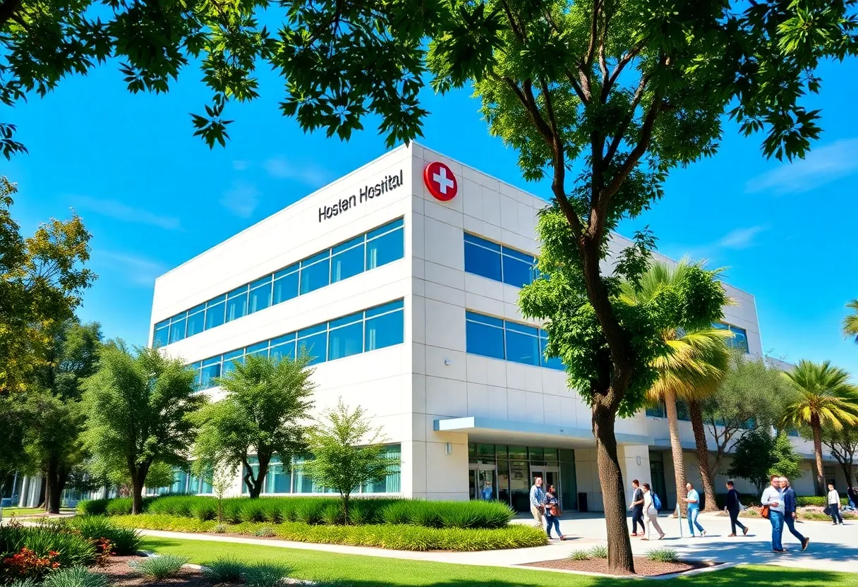 Modern California hospital with greenery and people