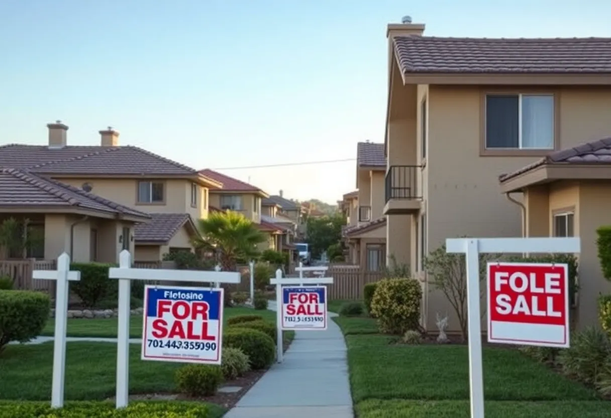Decline in California housing market depicted through a neighborhood with 'For Sale' signs.
