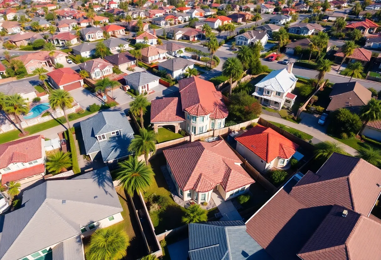 Aerial view of a California neighborhood with houses for sale