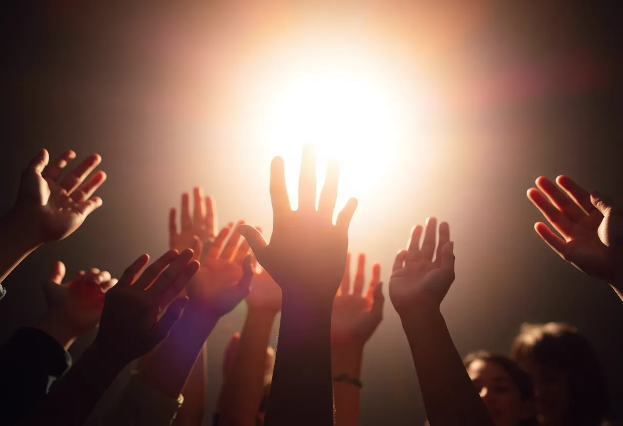 Diverse hands reaching out in support of human trafficking victims