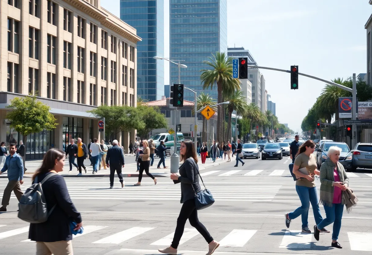 Pedestrians crossing a busy street in California with safety features