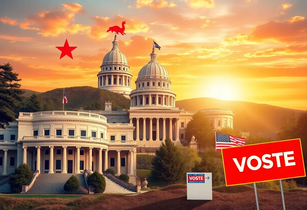 Conceptual illustration of California's political landscape and economic challenges.