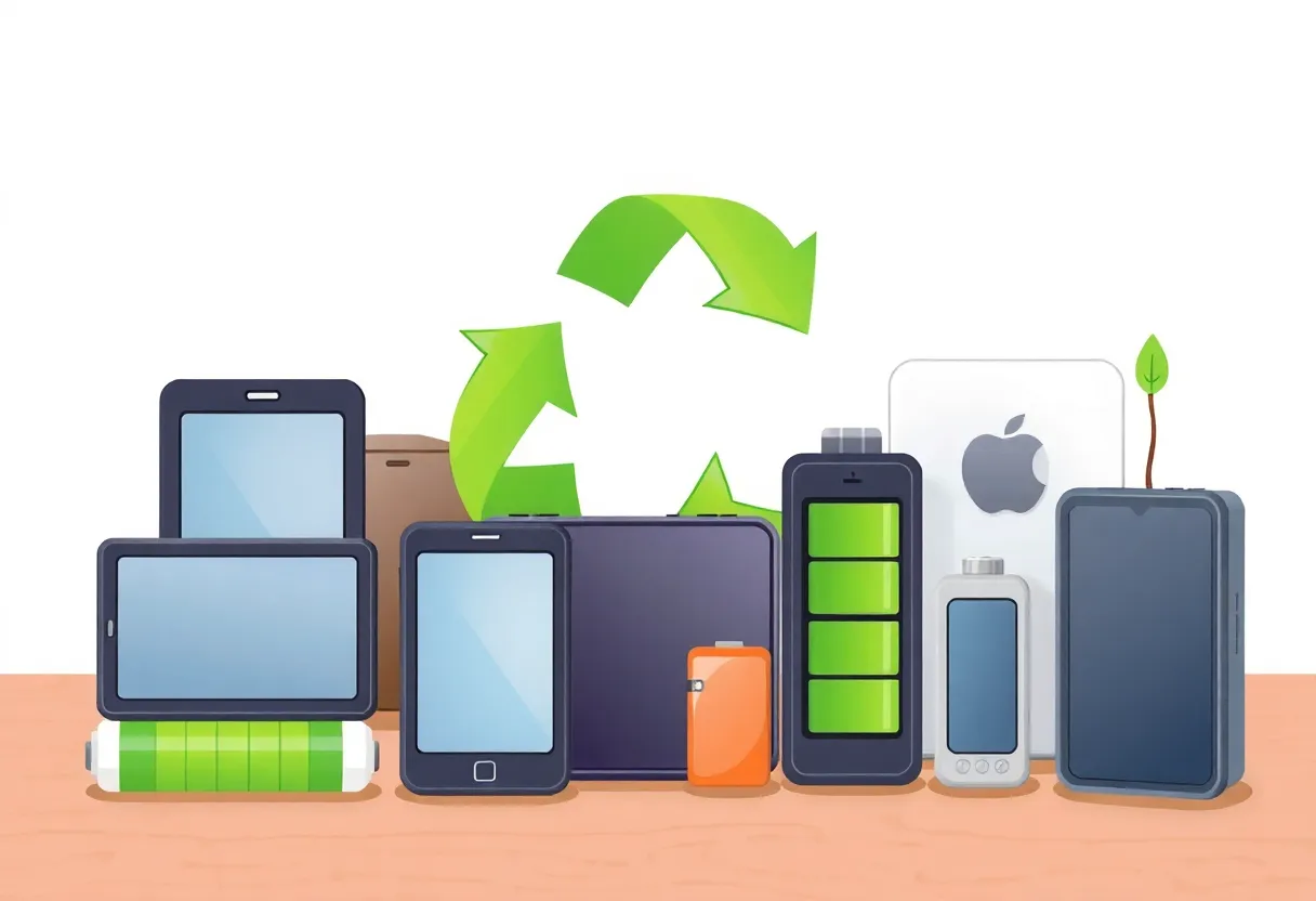 Illustration showing various electronic items with batteries for recycling fee news.
