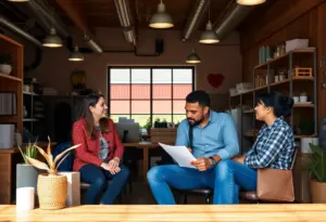 Entrepreneurs collaborating in a small business setting in California