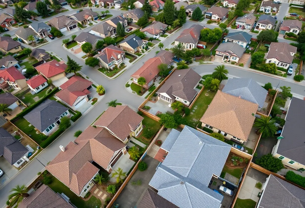 Aerial view of suburban homes in California
