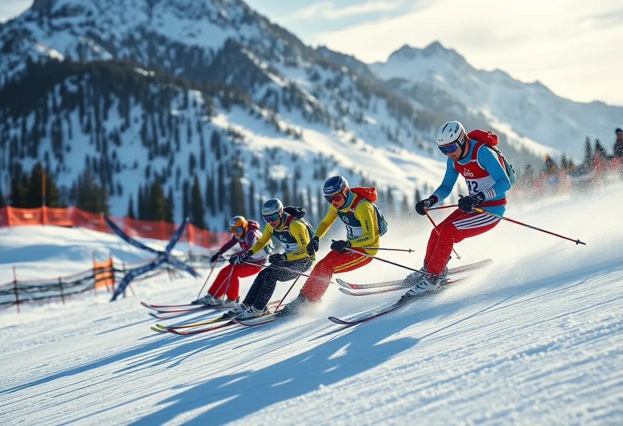 Alpine skier racing down a snowy slope during a competition.