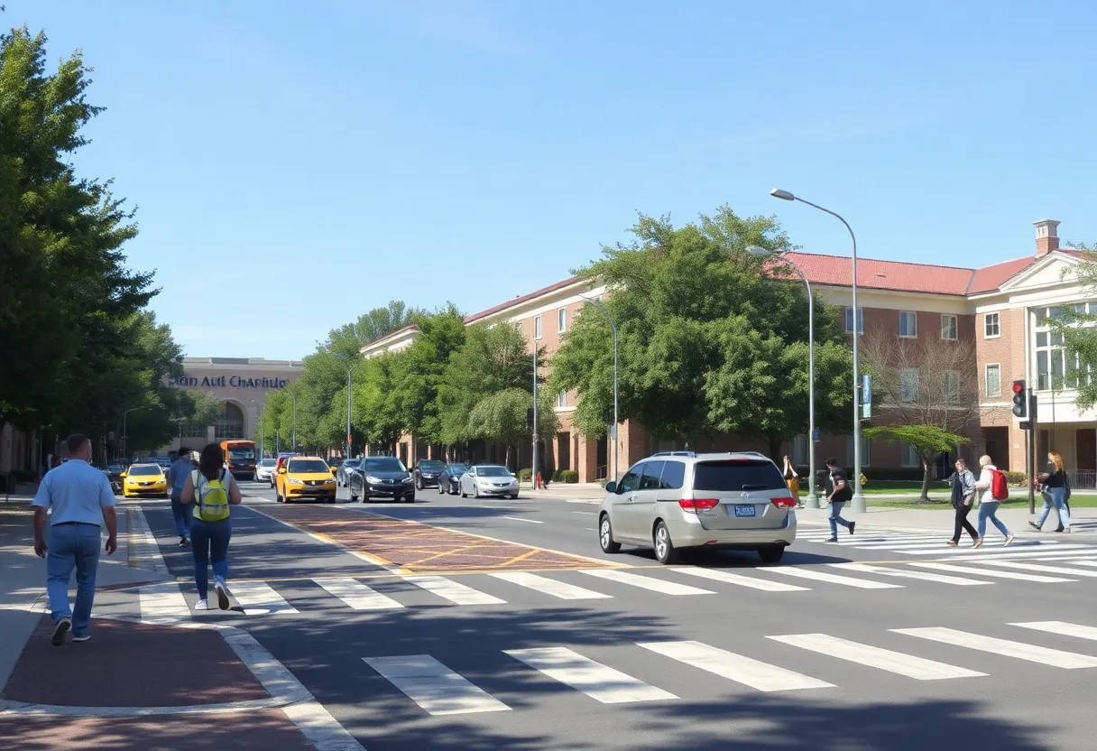 Scene of Campus Point Drive with pedestrians and traffic, highlighting safety measures.