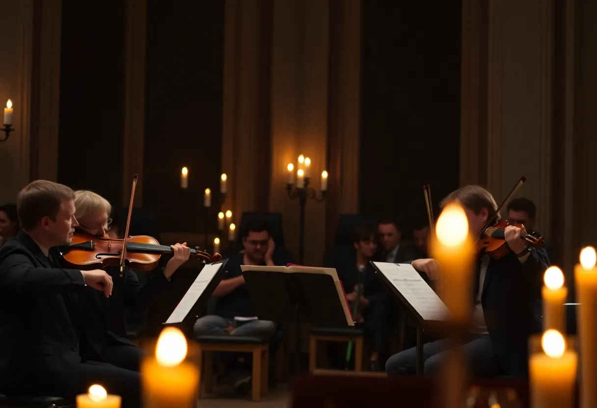 String quartet performing at a candlelight concert