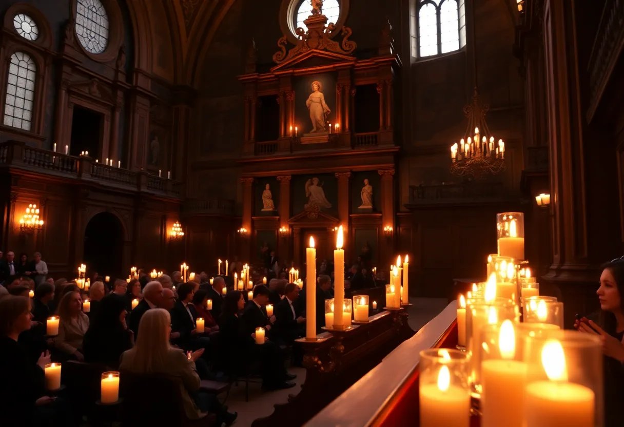 Candlelight concert setting with glowing candles at Mission San Luis Rey.