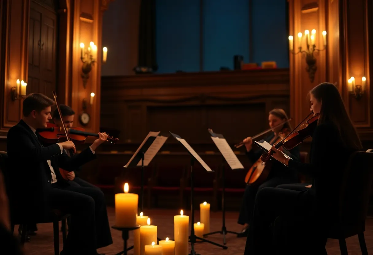 String quartet performing under candlelight in a theater