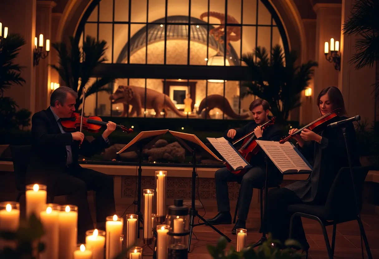 A string quartet performing at a candlelit concert in San Diego