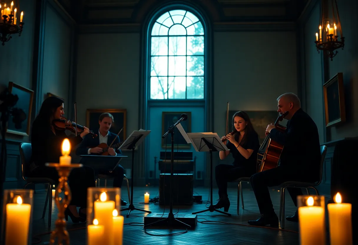 String quartet performing a Candlelight Tribute to Pink Floyd in a museum