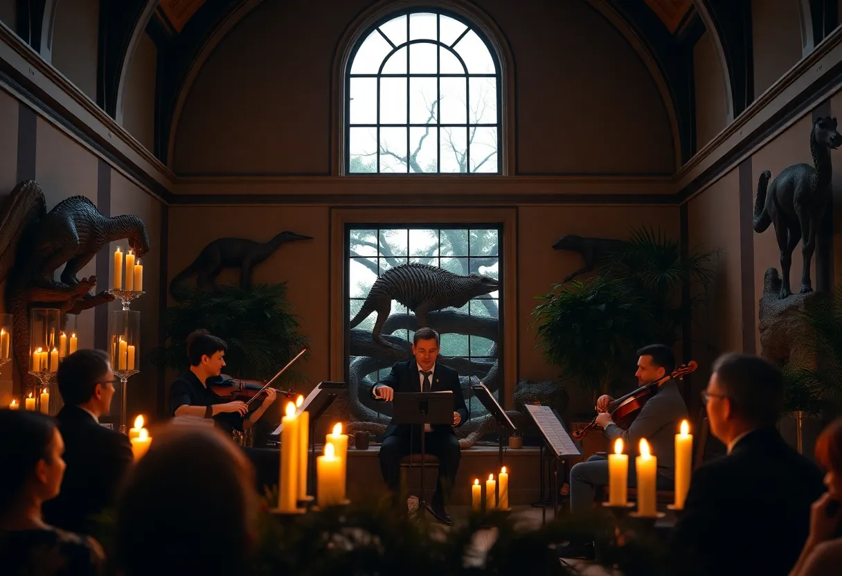 A string quartet performing in a candlelit setting at the San Diego Natural History Museum
