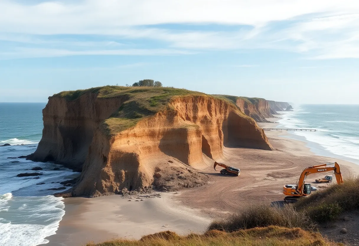 Coastal bluff erosion in Carlsbad with construction site for repairs.