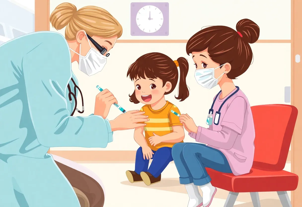 Children receiving vaccinations with healthcare professionals in a clinic.