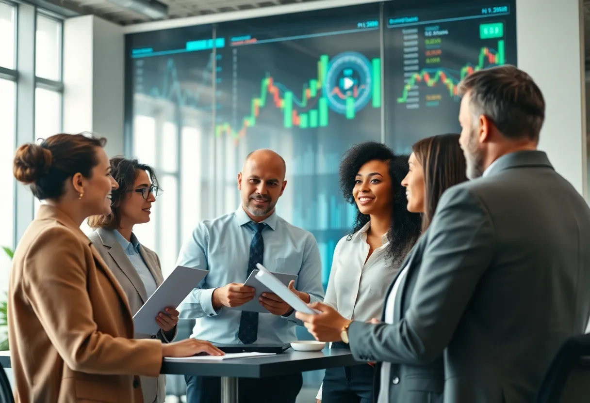 Business professionals discussing financial strategies focusing on AI and M&A.