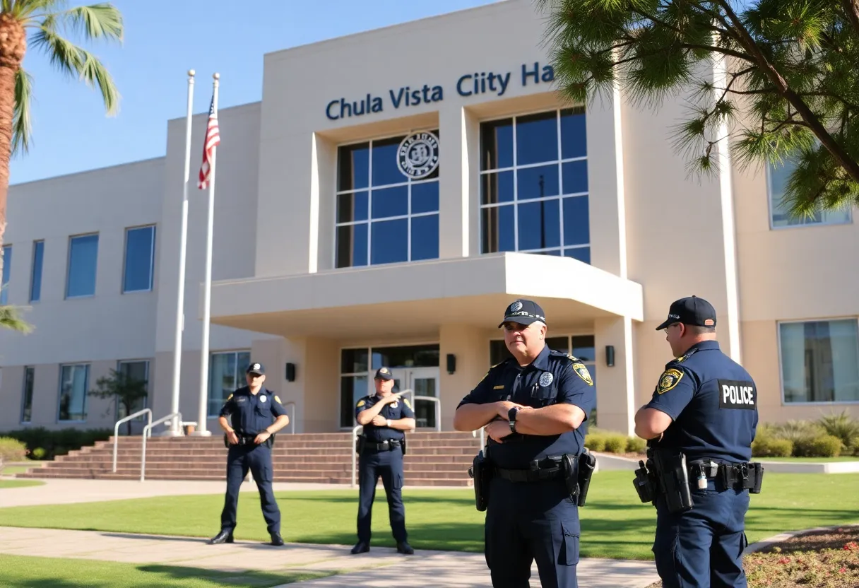 Chula Vista City Hall with police officers in action