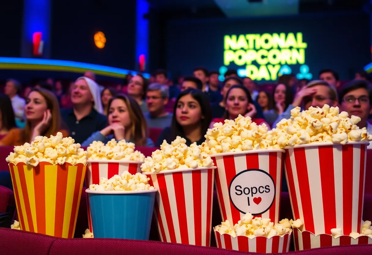 Customers enjoying popcorn in creative containers at a Cinemark theater event.