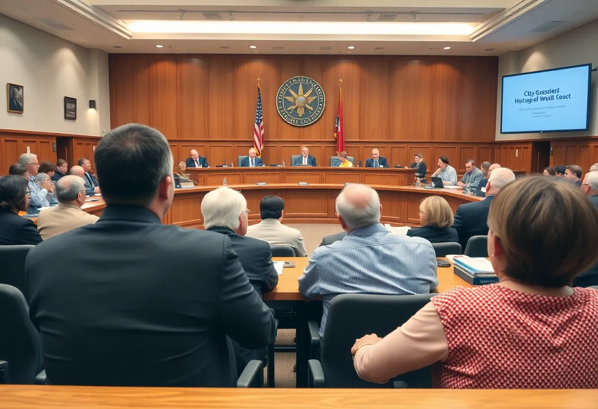 Residents and officials in a city council chamber