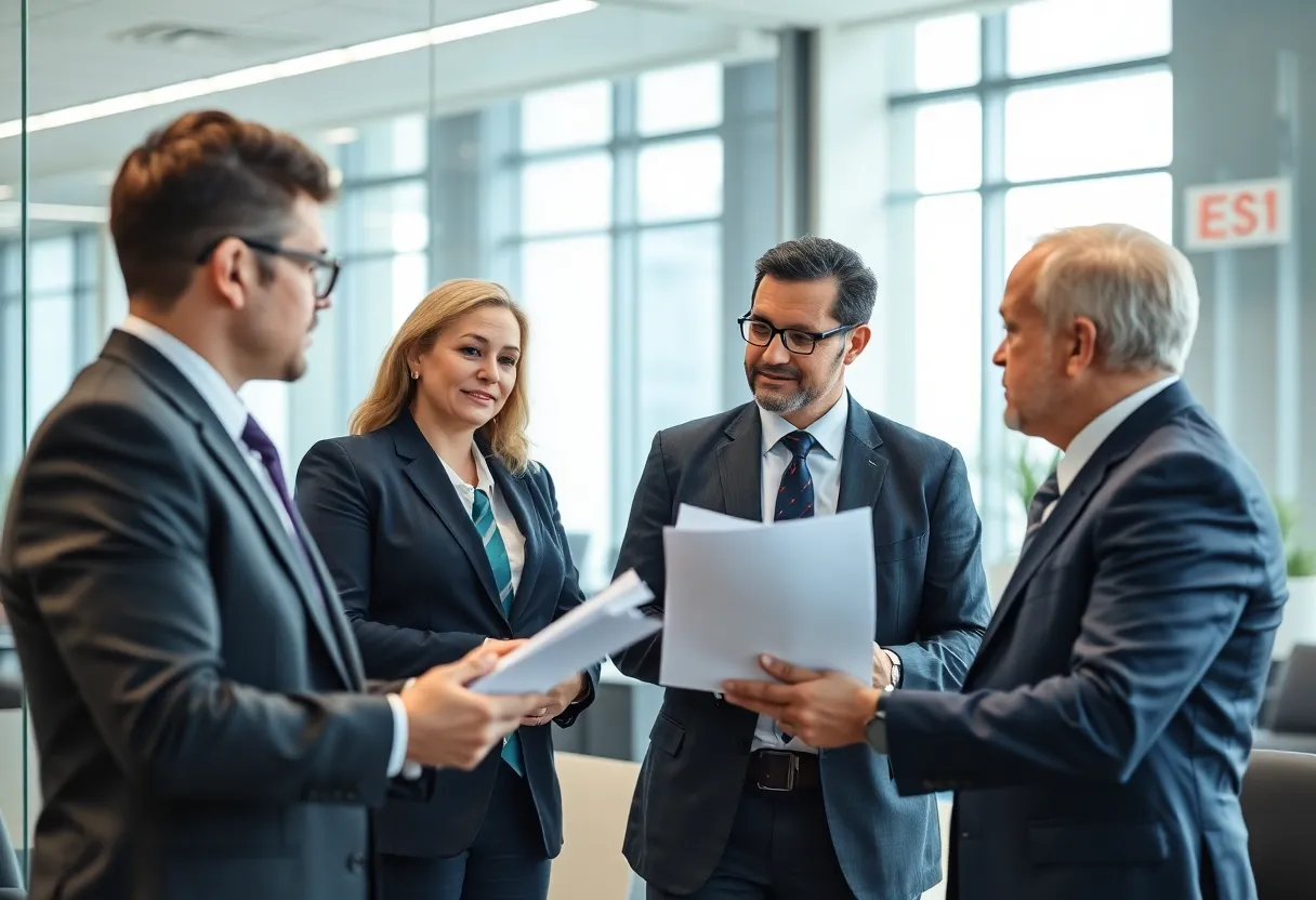 Attorney discussing patent law in a corporate office