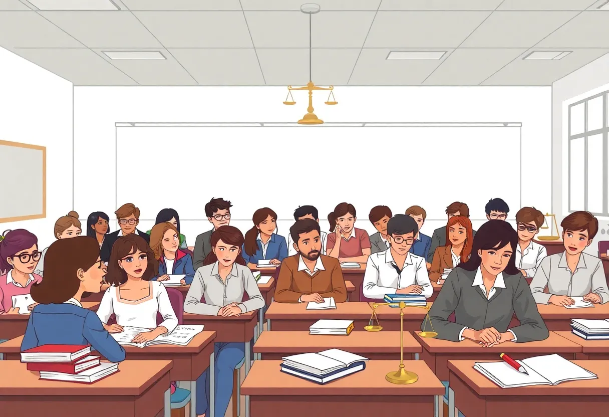 Illustration depicting a class action lawsuit with law elements