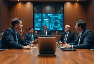 Lawyers discussing a class action lawsuit in a courtroom setting.