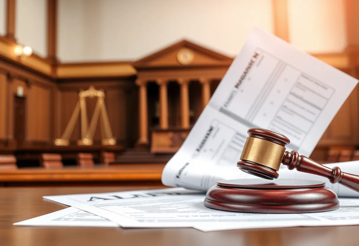 An abstract representation of a class action lawsuit with financial documents.