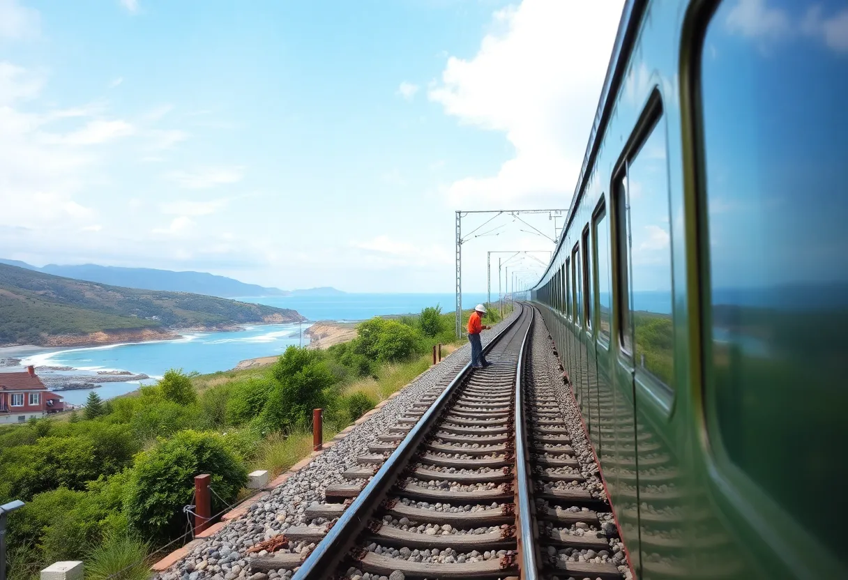 Maintenance work being conducted on a coastal rail track.