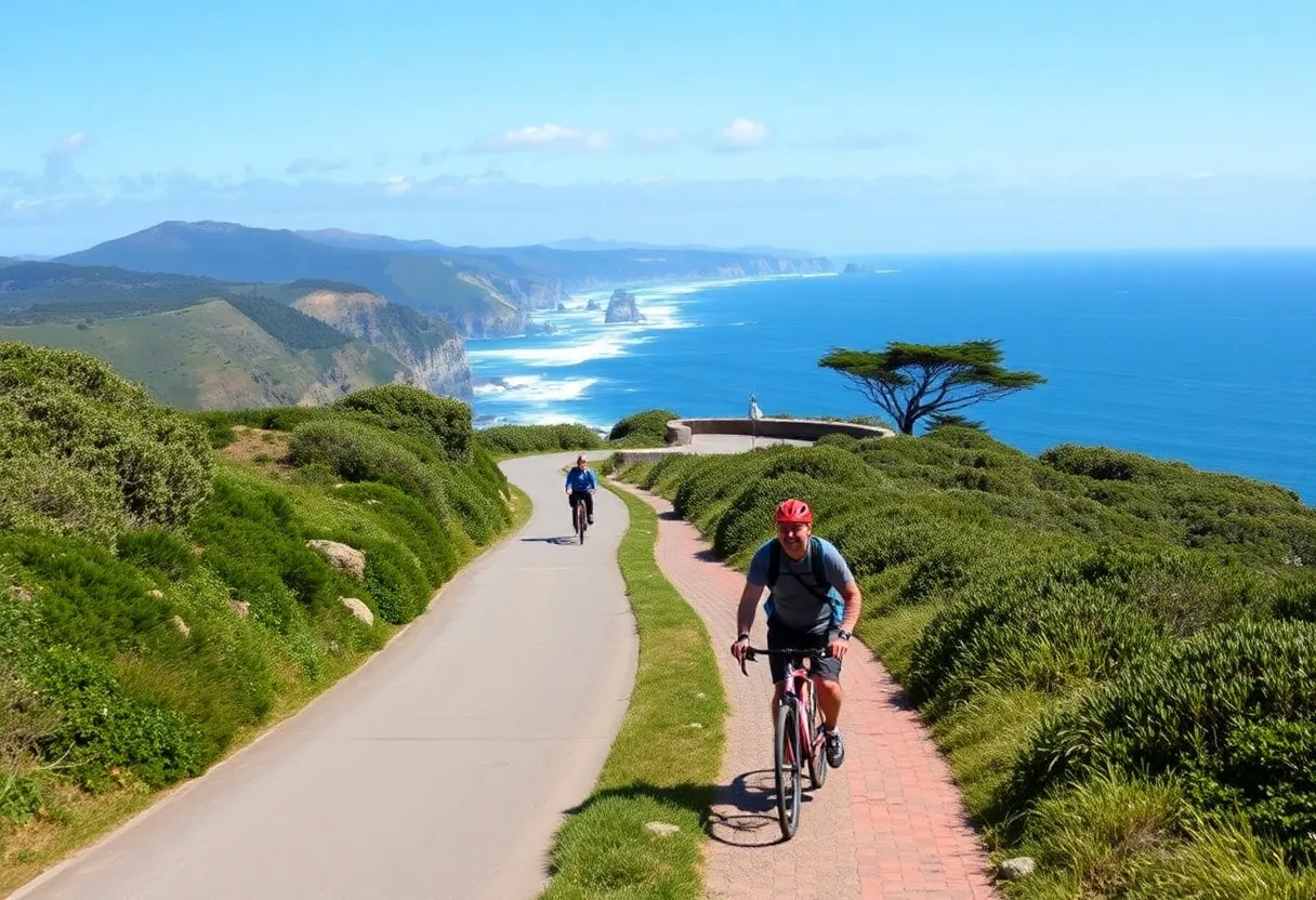 Scenic view of Coastal Rail Trail with cyclists and pedestrians