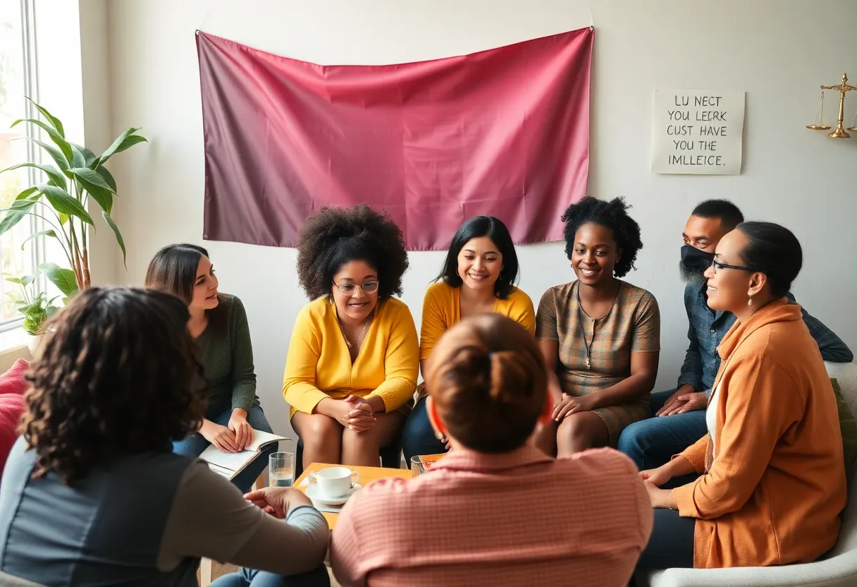 Community gathering discussing Assembly Bill 250 and survivor rights.