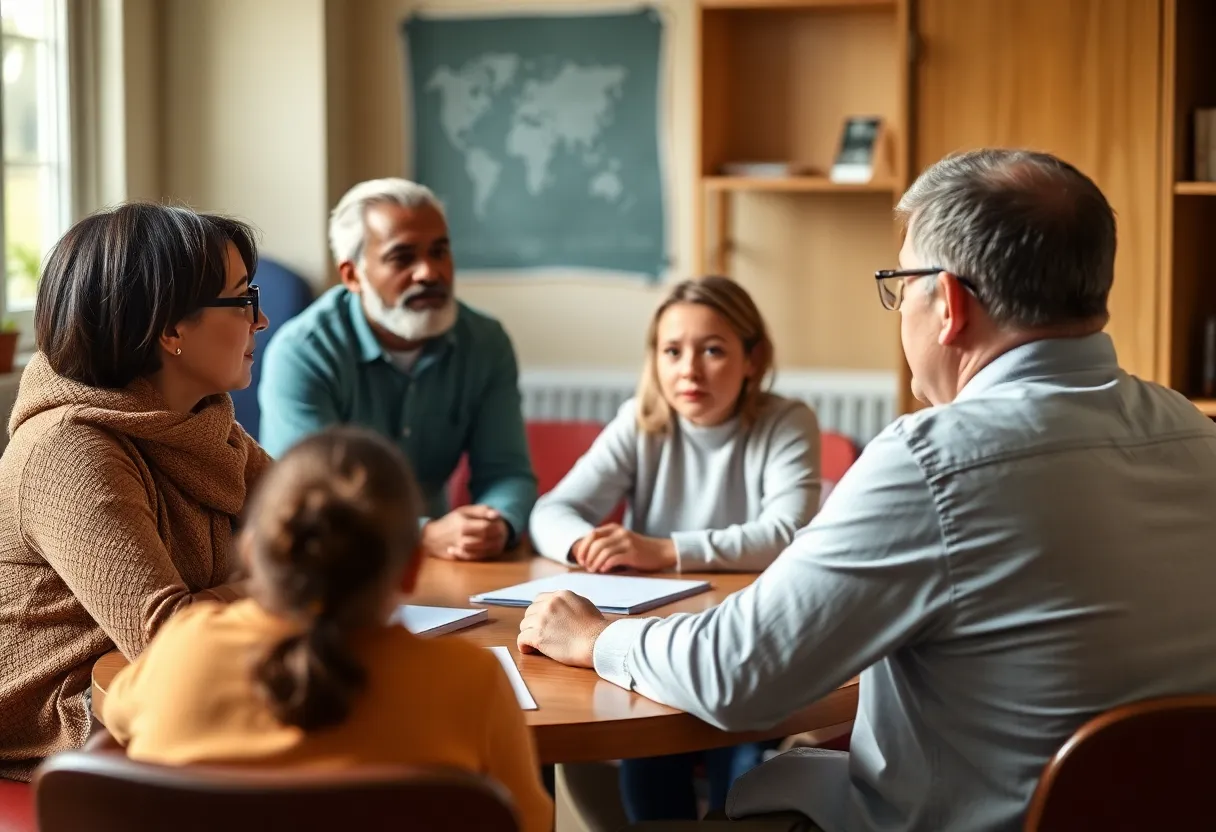 Community members discussing child safety measures.
