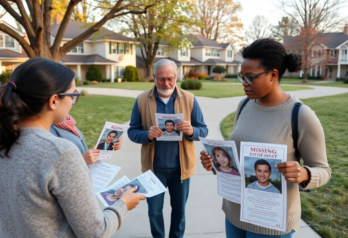 Community members distributing flyers for a missing person in a suburban area.