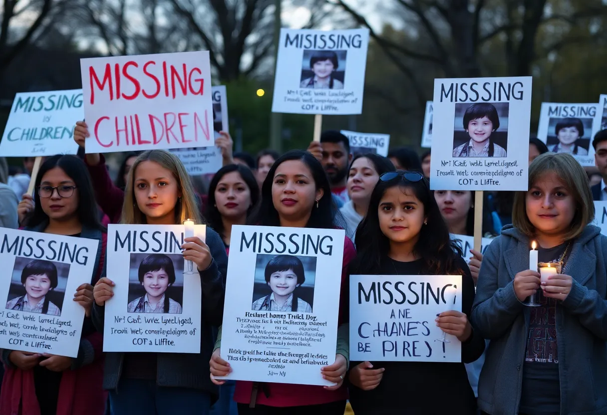 Community members show support for missing children with signs and candles