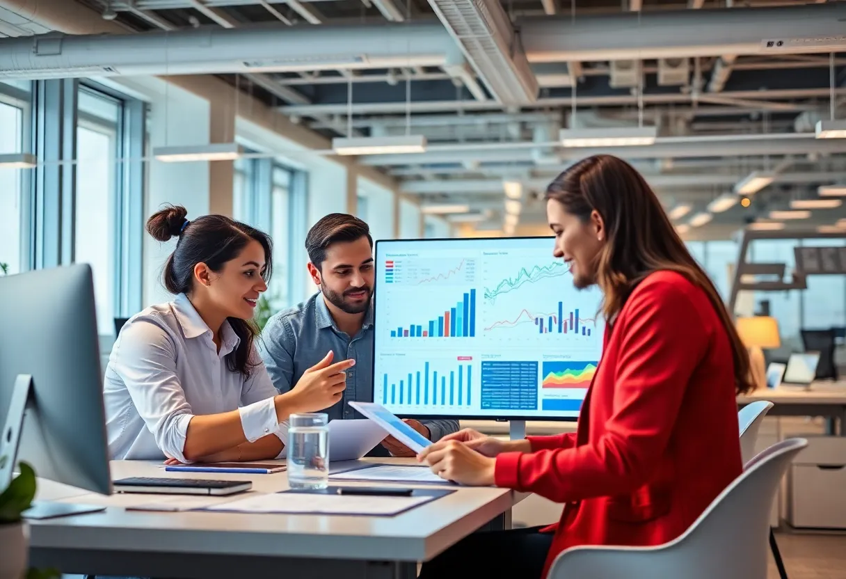 A team analyzing customer engagement strategies in a modern office setting.