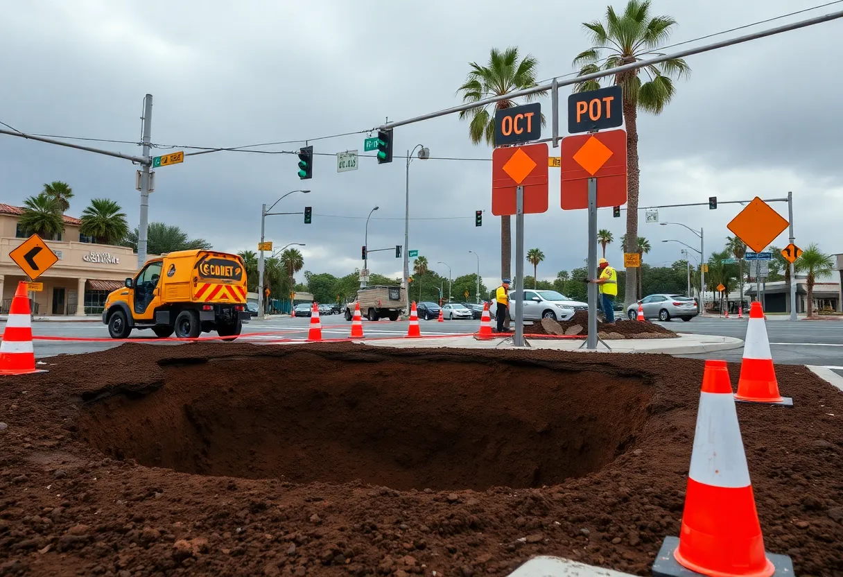 Large sinkhole at Fourth Street and Orange Avenue in Coronado, California.