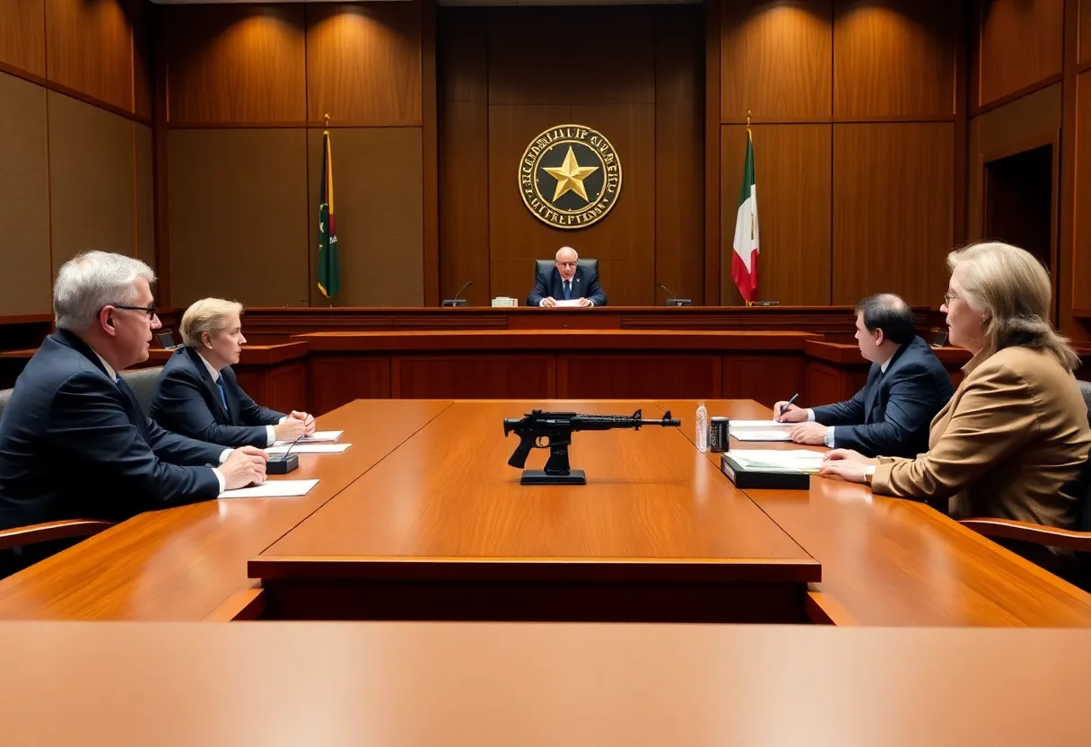 Judges in a courtroom discussing gun laws with California landmarks in the background