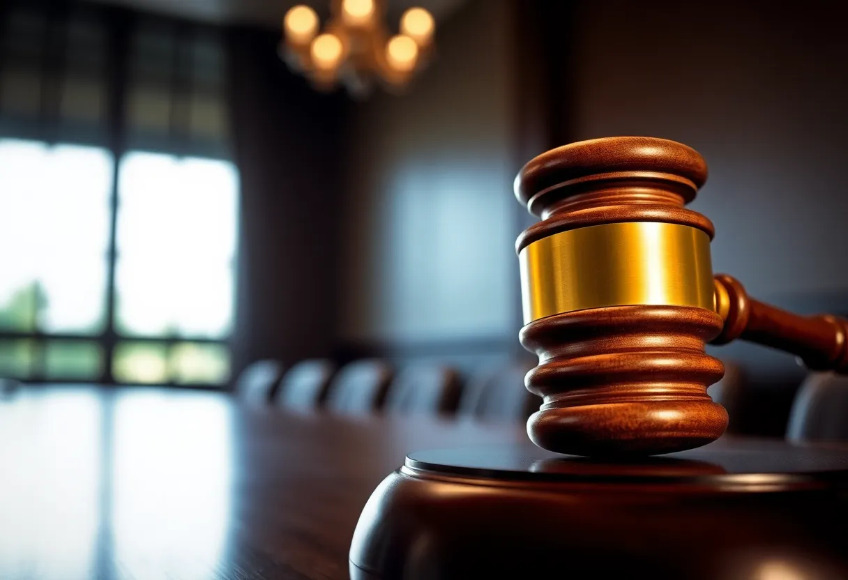 A gavel striking a sound block in a courtroom.