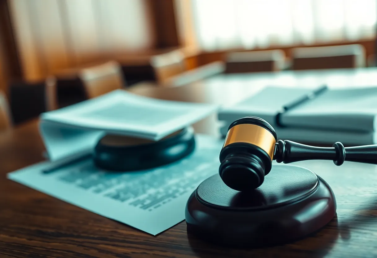 An abstract design of a courtroom representing employment law and legal proceedings.