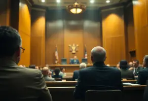 Courtroom scene during a self-defense trial