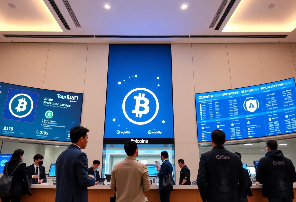 A bank interior showing cryptocurrency services in San Diego