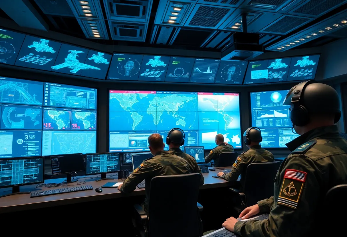 Military control center showcasing advanced AI technology integration