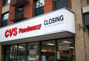 A CVS pharmacy store with a closing announcement sign displayed prominently.