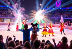 A Disney on Ice performance featuring various beloved characters on stage.