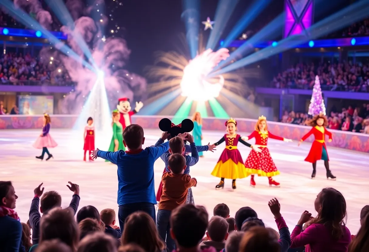A Disney on Ice performance featuring various beloved characters on stage.